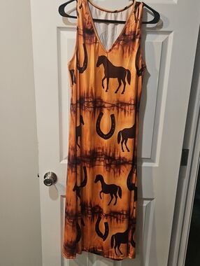 Sleeveless Orange Horse Print  Dress